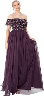 Maya Deluxe Maya Berry Bardot Embellished Maxi Dress Women's Bridesmaid Dress