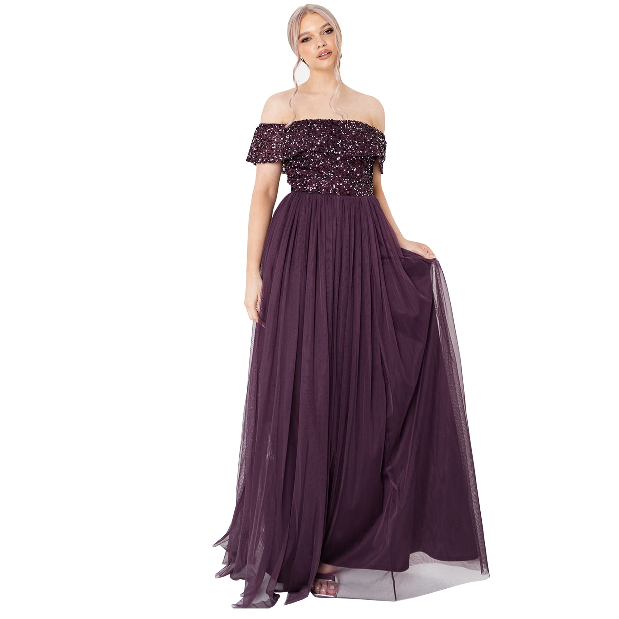 Maya Deluxe Maya Berry Bardot Embellished Maxi Dress Women's Bridesmaid Dress