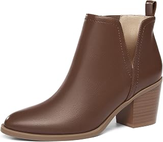 Coutgo Stivaletti da donna con tacco spesso impilato a mandorla, senza lacci, stile western, Cioccolato, 7