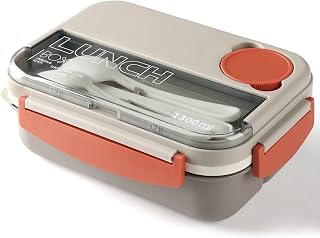 JIUFOXINO Bento Box Lunch Boxes,1300ML Stackable for Adults,Leak-Proof Container with Compartments,4-in-1 Lunchbox Sauce Pot Cutlery Set,Microwave Dishwasher Safe Available. (Beige)