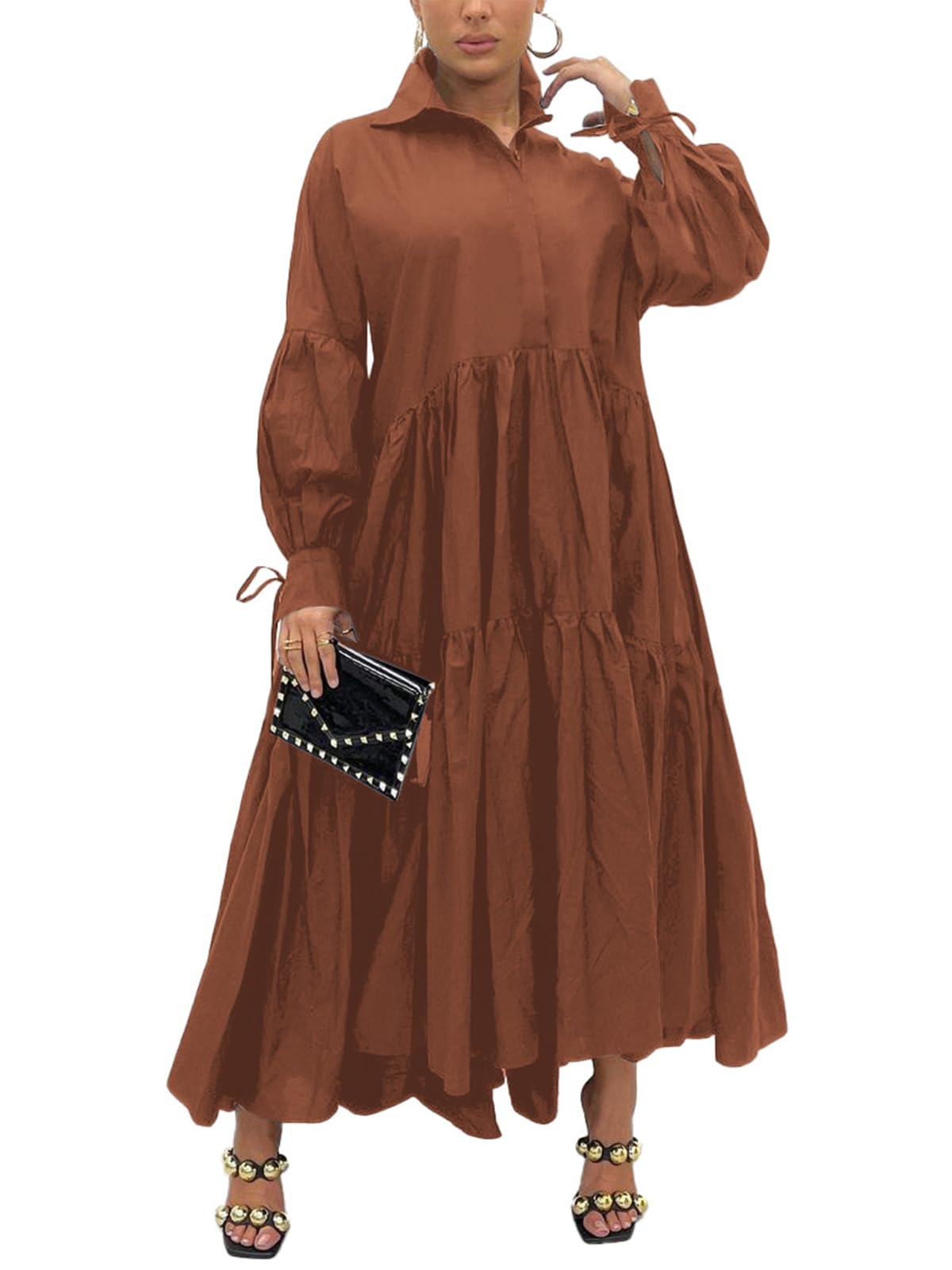 Shirt Dress for Women Casual Long Sleeve Collared Maxi Dress