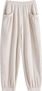 Minibee Women's Cotton Linen Tapered Cropped Pants Elastic Waist Trousers