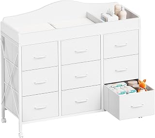 YeTom Baby Changing Table, 9 Fabric Boxes, Waterproof Pad, Mobile, White | Changing Table Dresser, Waterproof Diaper pad & Safety Strap,Baby Nursery Organizer, Mobile, Nursery