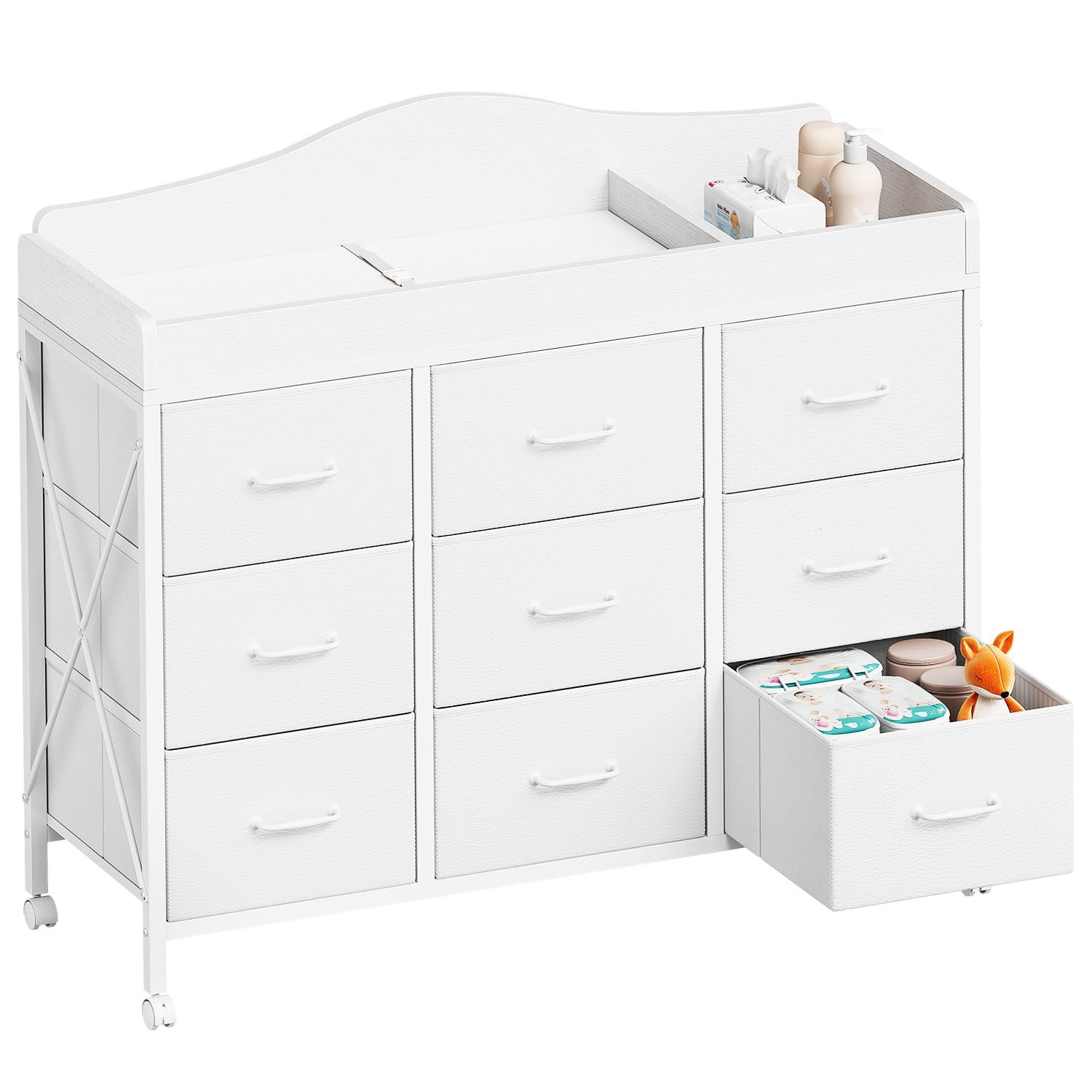 YeTom Baby Changing Table, 9 Fabric Boxes, Waterproof Pad, Mobile, White | Chang