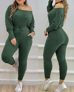 Womens Skew Neck Batwing Sleeve Loose Fit Drawstring Top Elastic Waist Slim Fit 2 Piece Loungewear Set