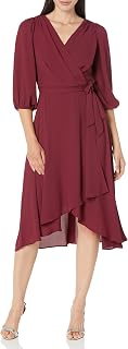 DKNY Damen Half Balloon Sleeve Faux Wrap Midi Dress Kleid