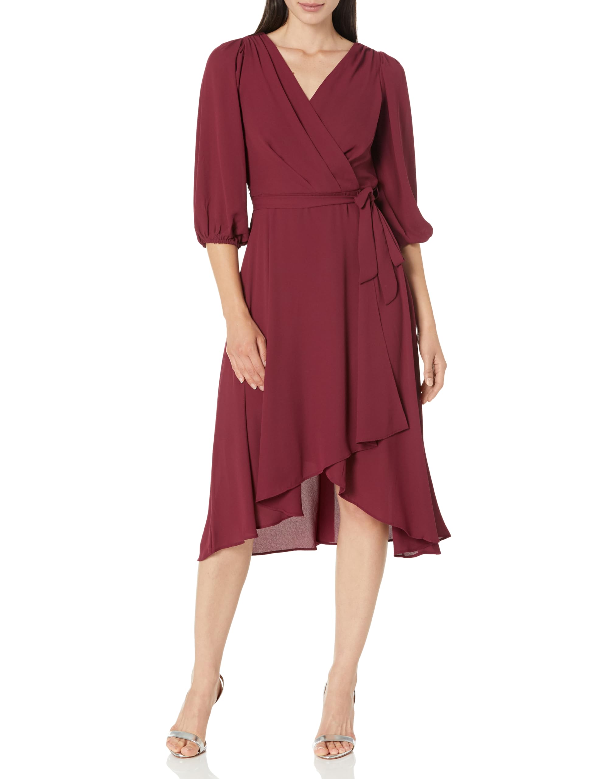 DKNY Damen Half Balloon Sleeve Faux Wrap Midi Dress Kleid