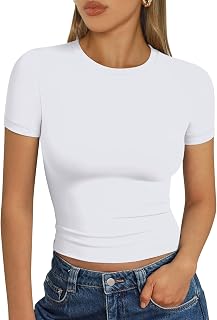 Trendy Queen Womens Short Sleeve T Shirt Basic Summer Top | Buttery-Soft Stretch Fabric, Breathable, Figure-Flattering, Slim Fit Y2K Crop Tops for Workouts and Going Out
