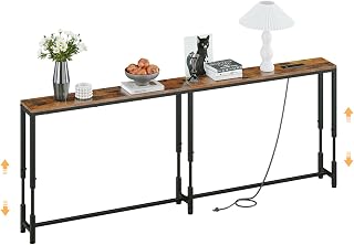 FLORIHOMA 220CM Behind Couch Table Adjustable Height 60.5~88.5CM with Charging Station, 15CM Narrow Console Table Skinny, Anti-Collision Pads, Anti-Tipping Kit for Living Room, Rustic Brown