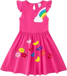 SFreeBo Little Girls Dresses Rainbow Long Sleeve/Sleeveless Dress Girls Cotton Pocket T-Shirt Dress Kids Winter/Summer Stripe Dress with Unicorn Flowers Print 3-8 Years