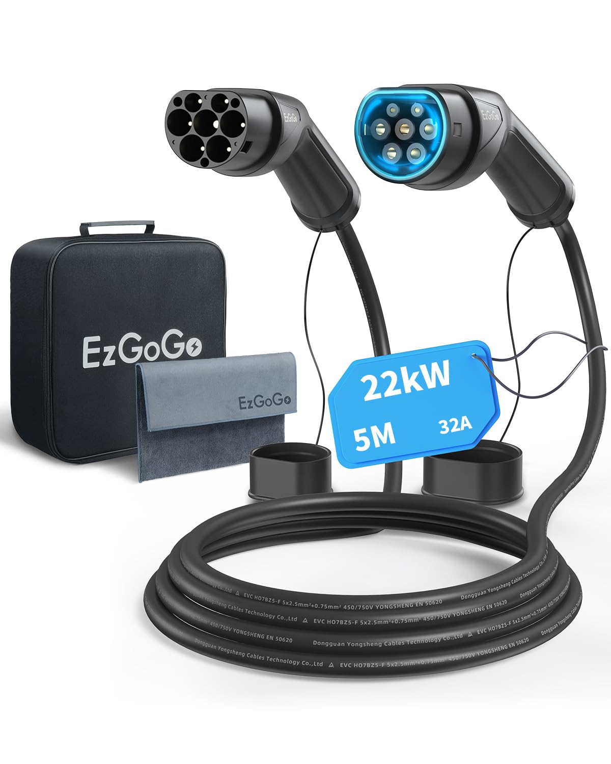 Ezgogo EzGoGo Type 2 Charging Cable, 32A / 22kW / 3 Phase / 5 Meter/Mode 3, Type