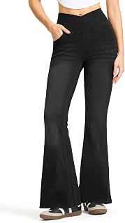 Rammus Women Flared Jeans Crossover High Waist Bell Bottom Fashion Yoga Pants Stretch Flared Leggings with Pockets