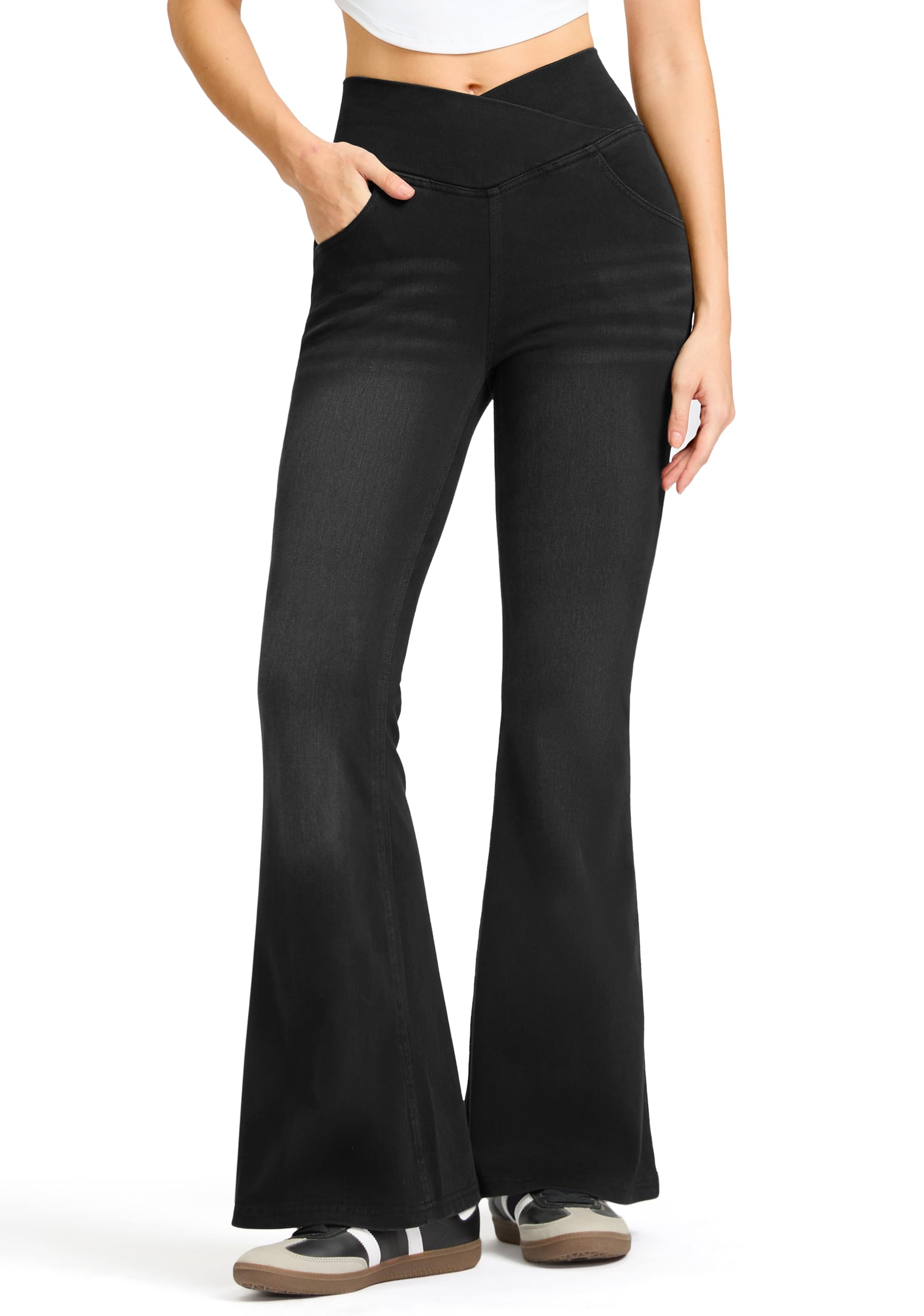 Rammus Women Flared Jeans Crossover High Waist Bell Bottom Fashion Yoga Pants St