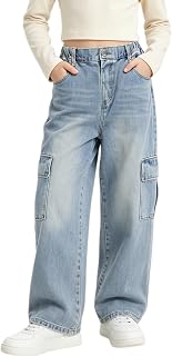 Rolanko Mädchen Baggy Jeans Weites Bein Elastische Taille Cargo Denim Hosen, Vintage Blau, 11-12 Jahre, 160