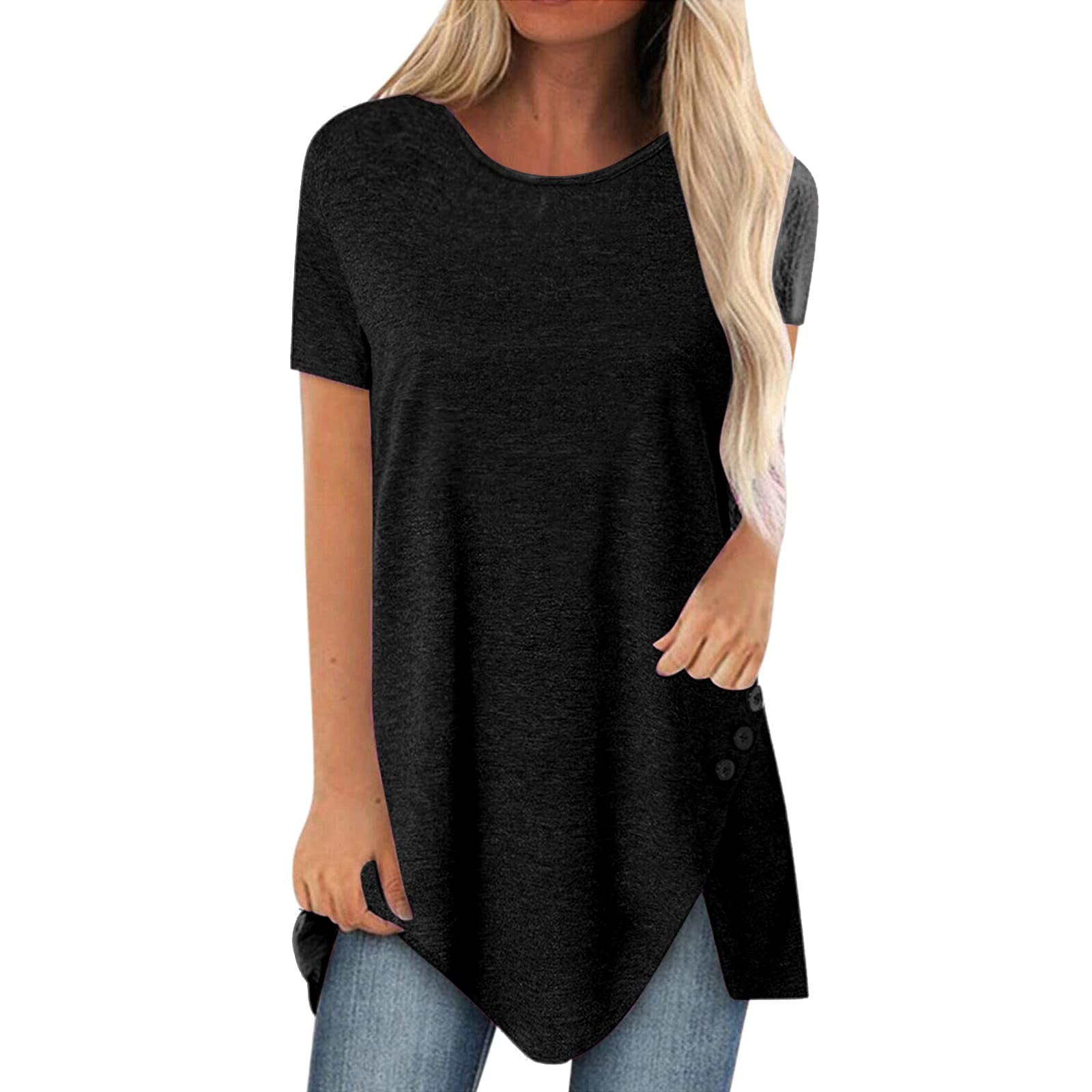 Blouses and Shirt Long Tops for Women Short Sleeve Loose Print Round Neck Latest