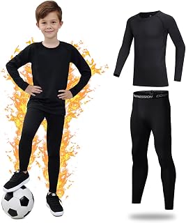 Base Layer Kids - Fleece Lined Skins for Boys Athletic Suit for 4~13 Age | Warm Football Skins, Long Sleeve Top & Bottom Kids Thermal Base Layer Set for Ski Running and Daily Life