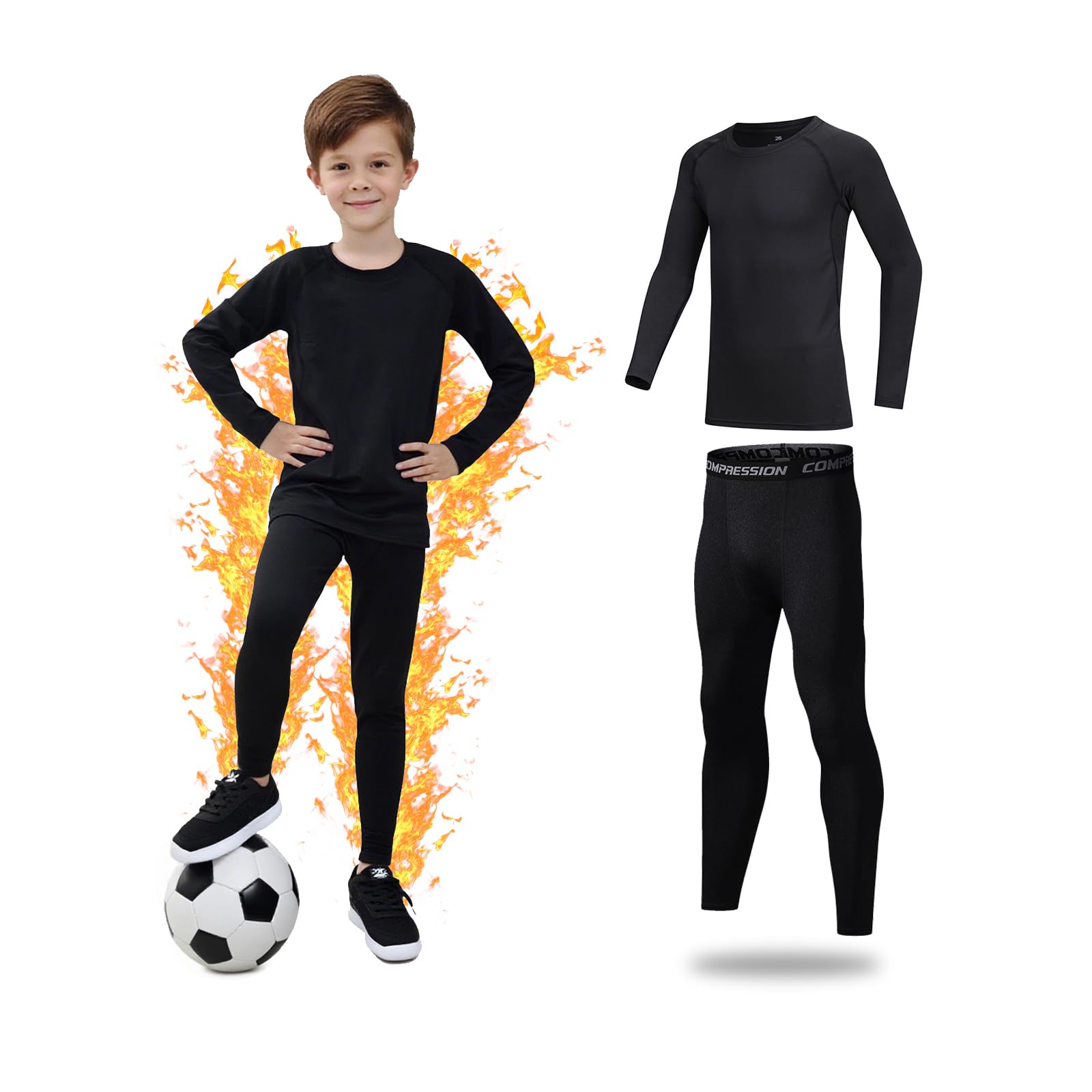 Base Layer Kids - Fleece Lined Skins for Boys Athletic Suit for 4~13 Age | Warm 