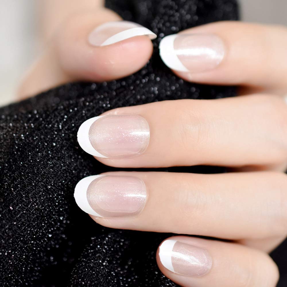 Short Oval Press-On Nail Shimmery Clear Nude French Fake Nails Full Cover Glossy