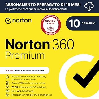 Norton 360 Premium 2026| Antivirus 10 dispositivi|15 mesi rinnovo automatico|Digital Download