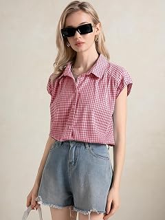 Women Casual Button Down Shirt Plaid Lapel Collar Short Sleeve Collared Blouse Summer Tops for Women