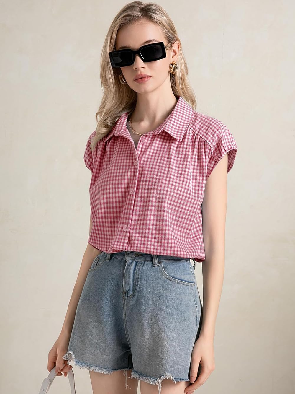 Women Casual Button Down Shirt Plaid Lapel Collar Short Sleeve Collared Blouse S