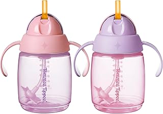 Tommee Tippee Trainer Straw Cup 6m+ | Pack of 2, 240ml, Pink and Purple, Easy-Hold Handles for Little Hands
