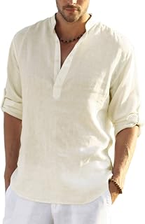 COOFANDY Mens Henley Shirt Cotton Linen Long Sleeve Hippie Casual T-Shirts, beige, 3XL