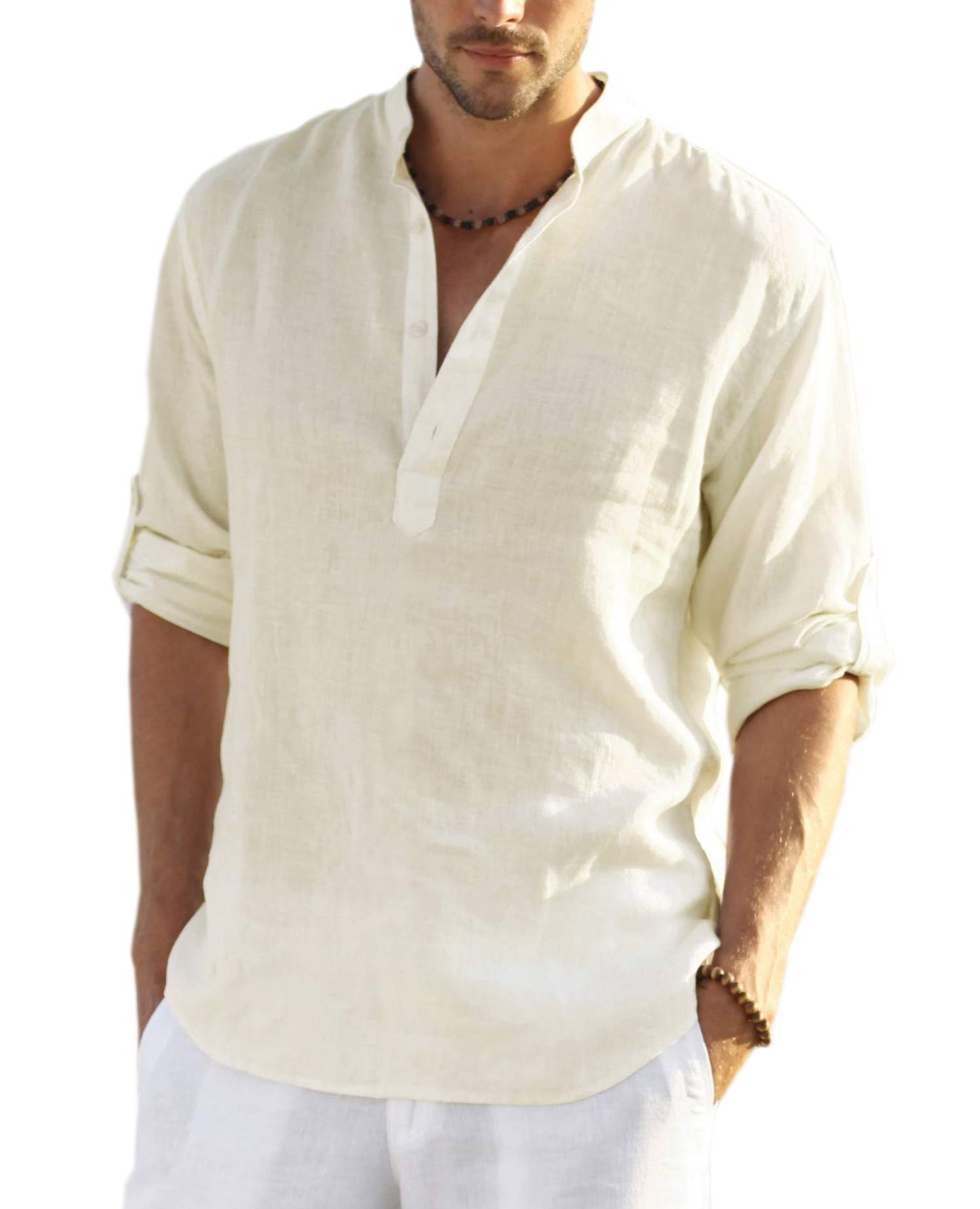 COOFANDY Mens Henley Shirt Cotton Linen Long Sleeve Hippie Casual T-Shirts, beig
