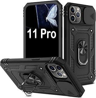 PASNEW 11 Pro Case with Camera Cover, for iPhone 11 Pro with Kickstand Charge Port Dust Plug,Military Heavy Duty Full Body Hard Shockproof Shell for iPhone Case 11Pro,5.8" Black