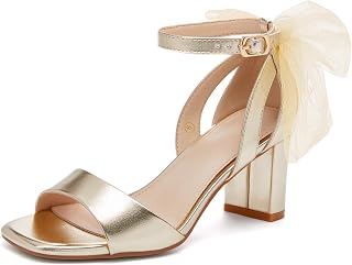 Coutgo Women Bowknot Heel Chunky Heel Satin Strap Ankle Buckle Wedding Shoes