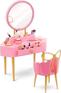 Our Generation Doll Vanity Set, 18-Inch Accessories with Chair, Pink Vanity | Fabulous Fun vanity table with real mirror, drawer, storage compartment, and pretend make-up pieces for dolls, 3+ Years