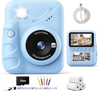 TIATUA Kids Camera Instant Print, 3.0" Screen & 48MP 1080P HD Video, Blue | Includes 32GB Card, 3 Rolls Paper & 5 Coloured Pens, Inkless Print, Christmas Birthday Toy Gift for Kids 3-12