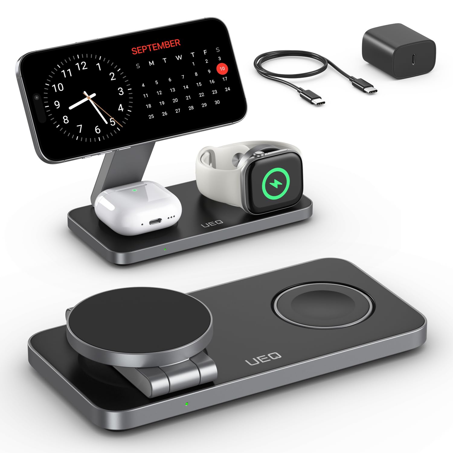 UEQ Foldable 3 in 1 Wireless Charging Station for Apple Magsafe Charger Stand,Fa