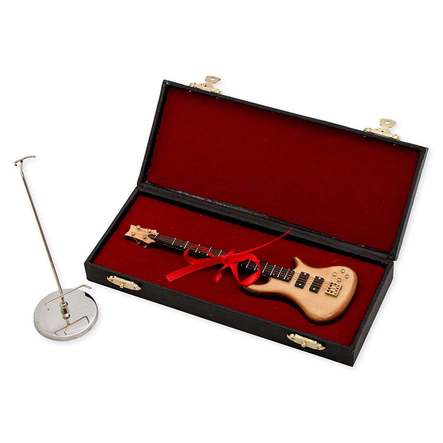 Broadway Gift Natural Wood Bass Electric Guitar with Case & Stand Figurine | 7" 