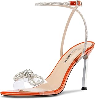 Castamere Women Needle High Heel Open Toe Strappy Ankle Diamond Crystal Bow Tie Sandals Dance Summer 10CM Heels