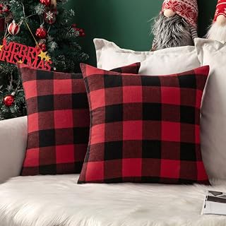 MIULEE Pack of 2 Classic Farmhouse Buffalo Check Plaids Polyester Linen Soft Soild Decorative Square Throw Pillow Covers Home Decor Cushion Case for Christmas Sofa Bedroom 18x18 Inch, Black and Red