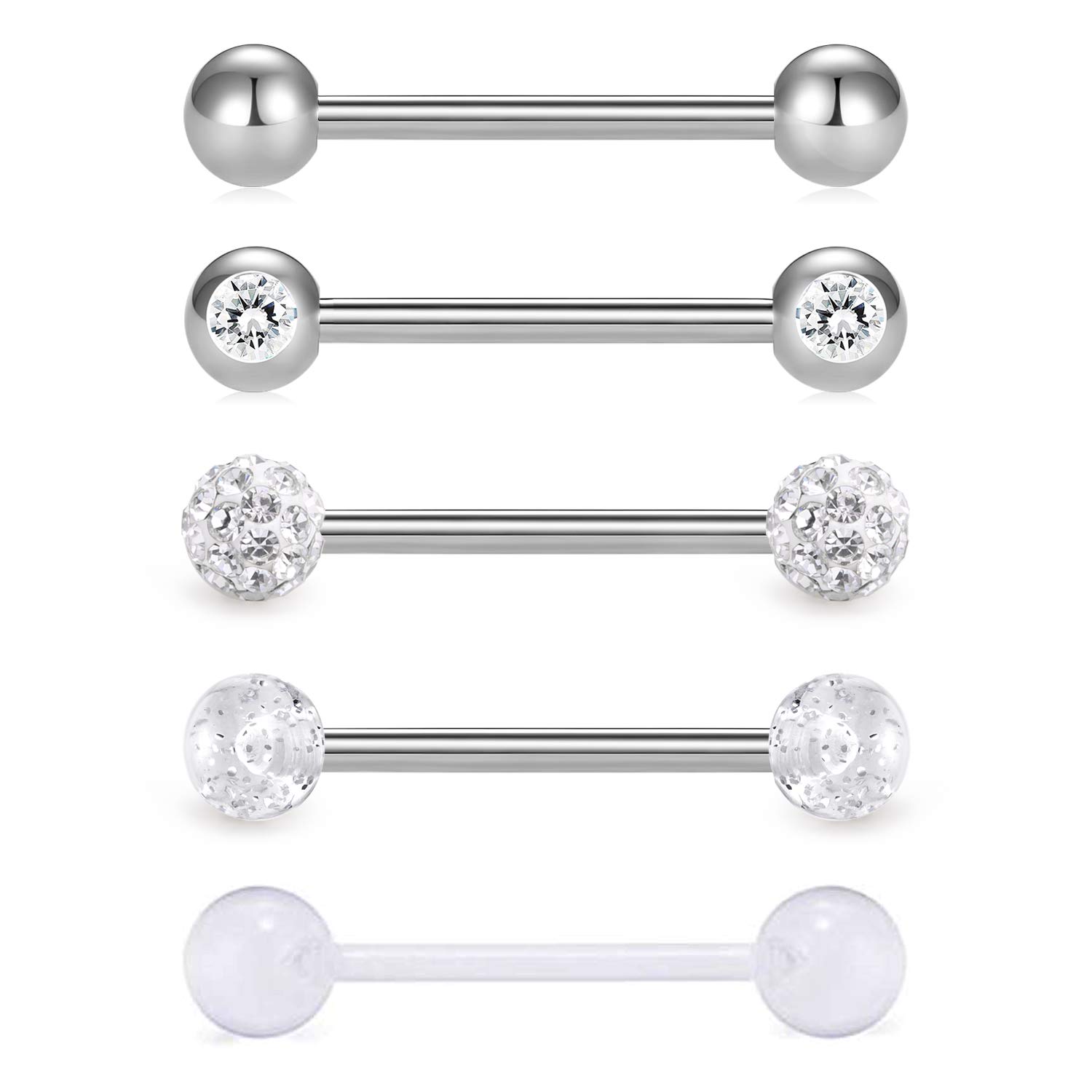 VCMART 5pcs 14Gauge Tongue Bars Piercing Ring Set 16mm Surgical Steel Flexible 5