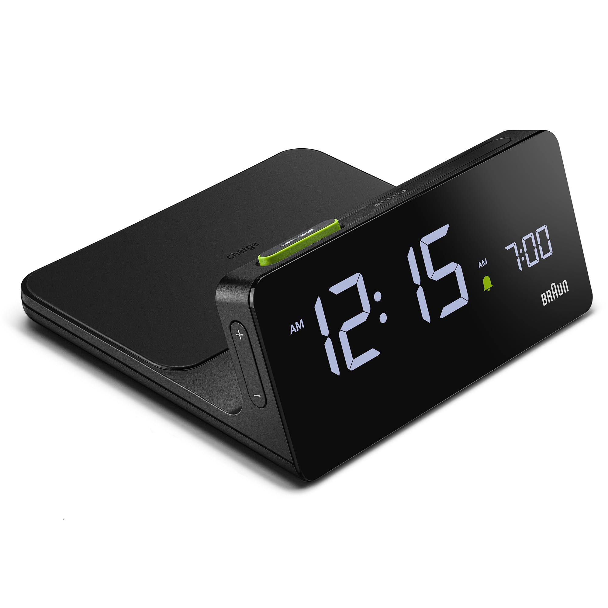 Braun Digital Alarm Clock with VA LCD Display, Wireless 10W Qi Fast Charging Pad