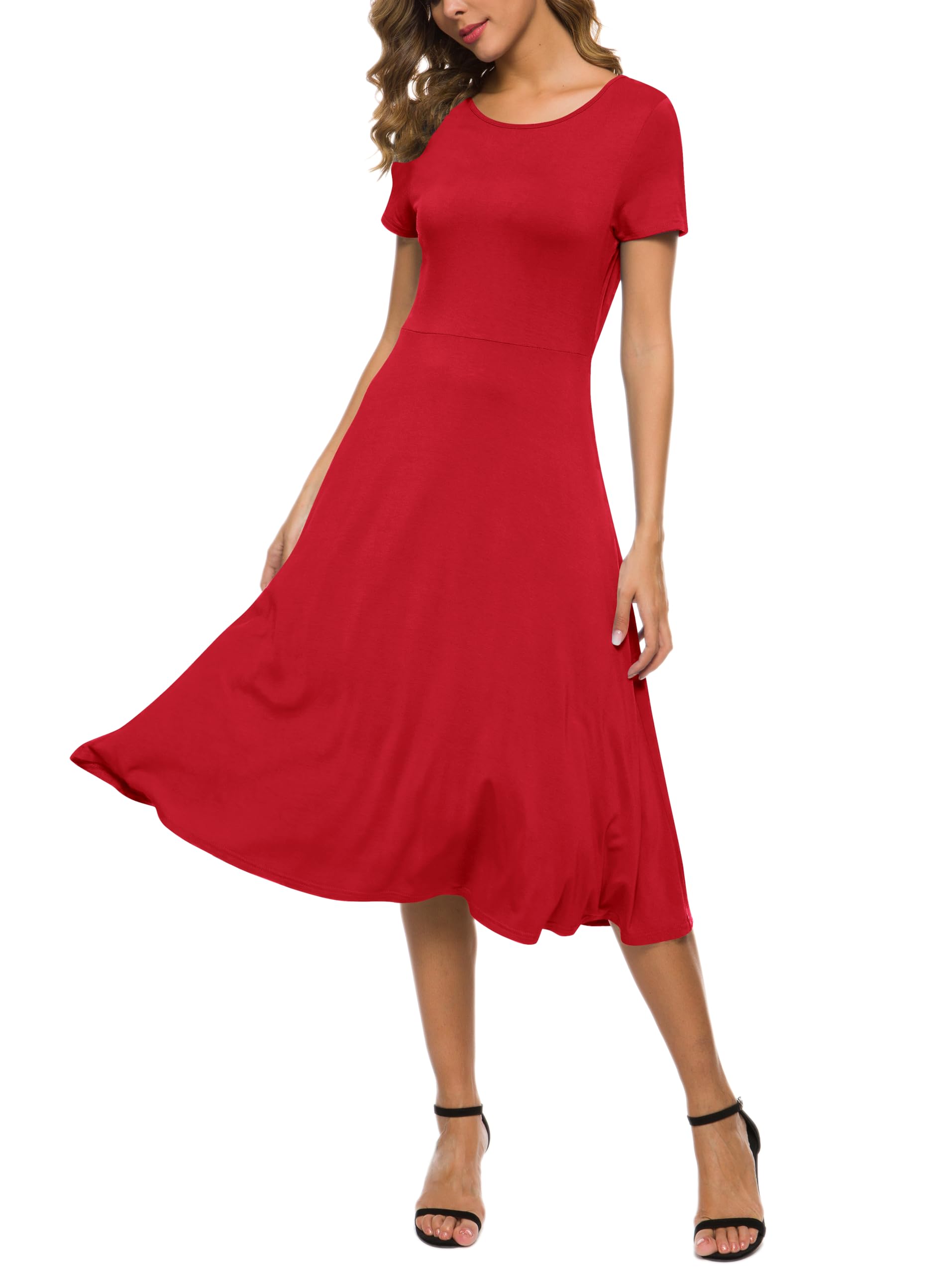 EXCHIC Women's Casual, Round Neck, A-Line, Short Sleeve Midi Dress, Summer, Stre