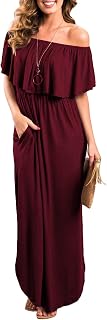 Sarin Mathews Womens Off The Shoulder Ruffle Party Dress Casual Side Split Beach Long Maxi Dresses with Pockets