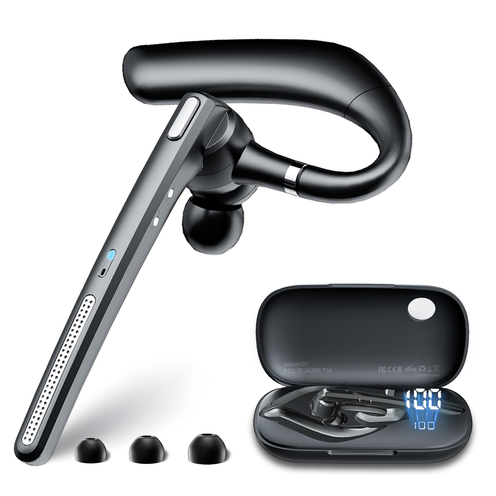 Bluetooth Headset with Noise Cancelling Mic,Wireless Earpiece for Trucker | Blue