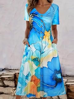 Women V Neck Short Sleeve Floral Print Plus Size Summer Casual Holiday Flowy Maxi Dress A-Line
