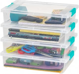 IRIS USA Storage Bins with Lids |Made in USA| 6 Qt - (4-Pack) - Clear | 14"L x 11"W x 3.25"H - Sensory Craft Organizers, Plastic Clip Box Totes, Containers for Paper, Office, Art & Study Supplies