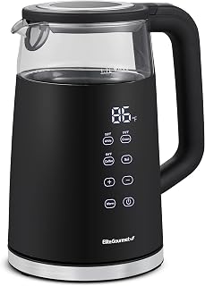 Elite Gourmet 1.7L Dual-Wall Cool-Touch Tea Kettle, Touchscreen, Black | Borosilicate Glass, 304 Stainless Steel Interior, Programmed Digital Keep Warm, Auto Off & Audible Indicator