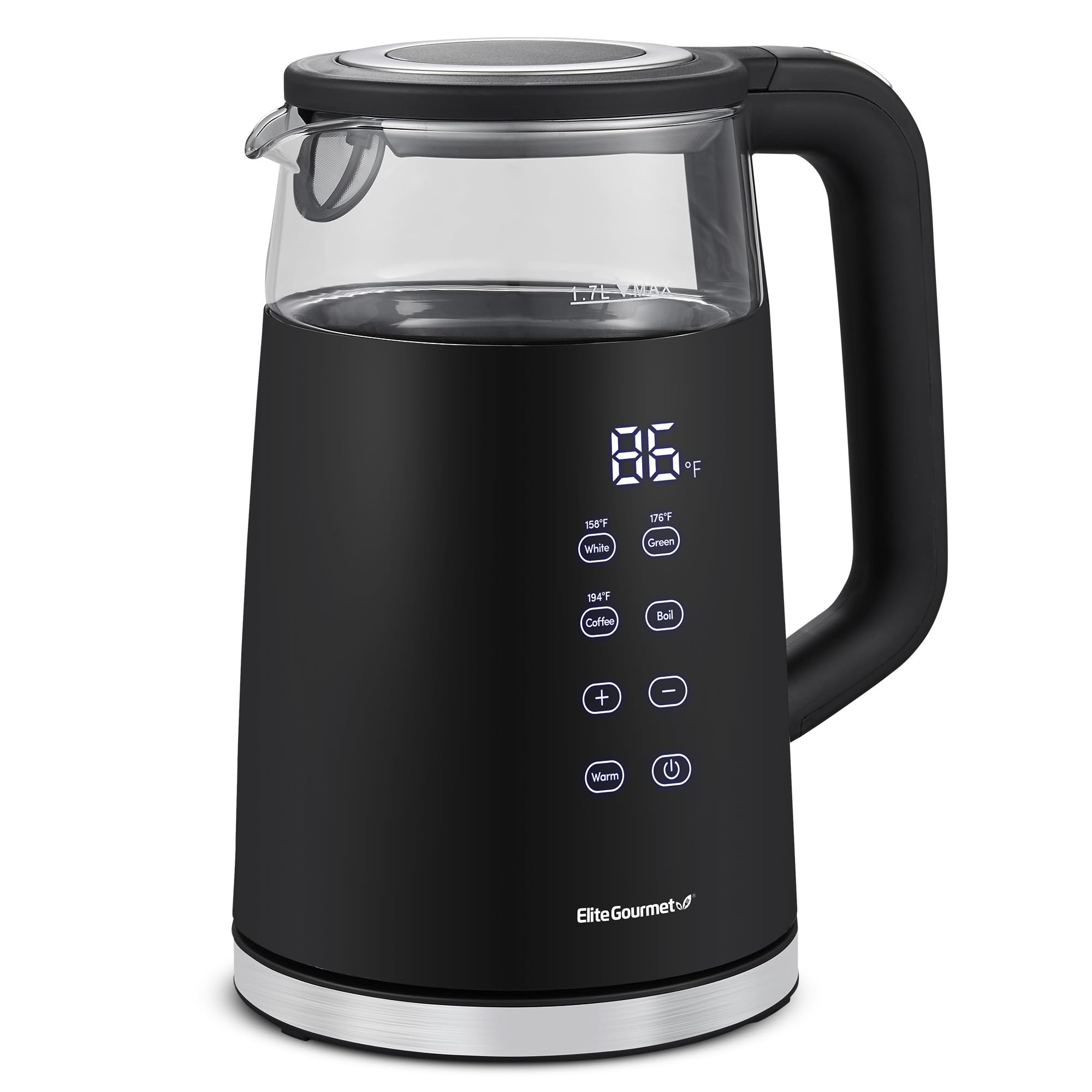 Elite Gourmet 1.7L Dual-Wall Cool-Touch Tea Kettle, Touchscreen, Black | Borosil