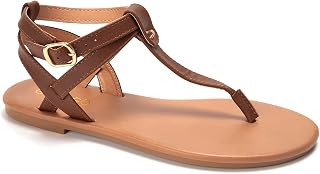 Colgo Flat Toe Sandals Casual T Strap Elegant Sandals Adjustable Ankle Buckle Dress Thong Sandals with Strap for Women Summer Wedding