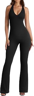 OQQ Jumpsuits for Women Halterneck Lace-Trim Flared Jumpsuits