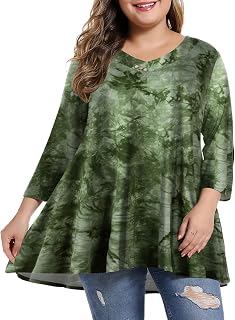 MONNURO Womens Plus Size Tops 3/4 Length Sleeve V Neck Tunic Shirts Blouse