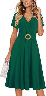 Summer Dresses for Women 2026 Elegant Deep V Neck Short Sleeve Casual Knee Length Midi Dress with Pockets New DJ980
