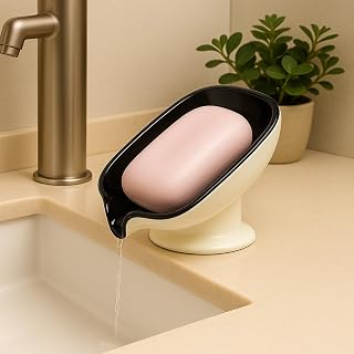 Leaf Shape Soap Saver with 3M Adhesive, Self Draining Dish for Bathroom or Kitchen, Wall Mount Holder Keeps Bar Clean and Dry, Extend the Life of Soap Bar, No Drilling, Black
